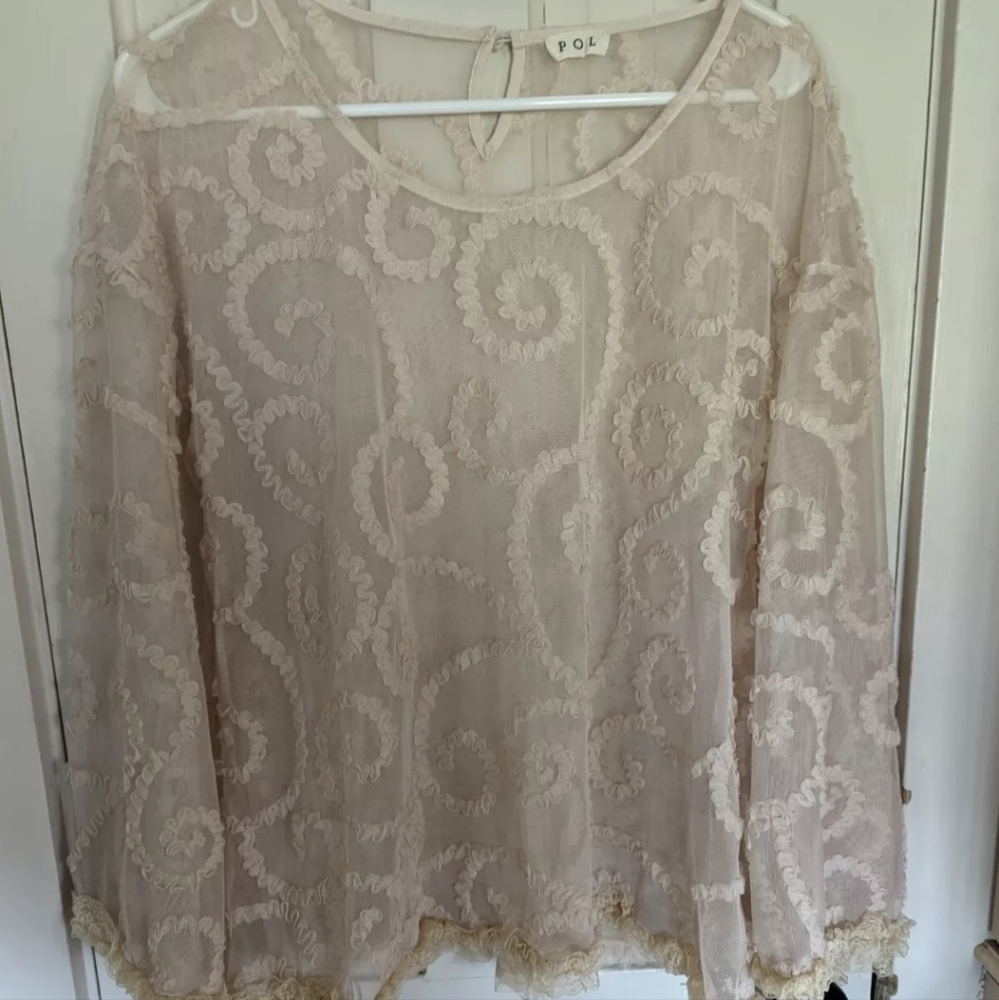 POL Sheer Bell Sleeve Blouse Swirl Ribbon Ruffle Lace Hem - Cream - size L